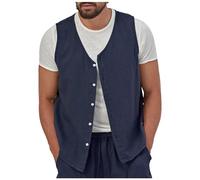 YOSUWOAI Gilet d'été en lin fin et respirant pour homme - Doux et confortable - Col en V - Pour la plage, les mariages, les fêtes, les vacances, l'été, O bleu marine, XXL