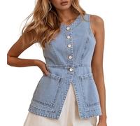YOSUWOAI Gilet en jean pour femme sans manches - Col rond - Coupe ajustée - Veste en jean avec poches - Y2k - Gilet d'été élégant et décontracté - Business Denim Top Button Down Denim, O Bleu 2, M