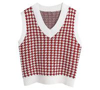 YOSUWOAI Gilet tricoté pour femme - Col en V - Pull en tricot - Gilet sans manches - Débardeur décontracté - Pull à carreaux - Hauts - Automne - Hiver - Élégant sweat-shirt, O Rot1, L