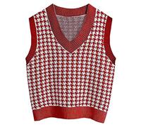 YOSUWOAI Gilet tricoté pour femme - Col en V - Pull en tricot - Gilet sans manches - Débardeur décontracté - Pull à carreaux - Hauts - Automne - Hiver - Élégant sweat-shirt, O Rot2, M