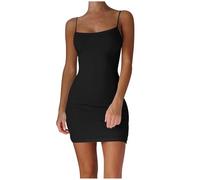 YOSUWOAI Mini robe sexy à bretelles spaghetti pour femme - Robe de soirée moulante - Mini robe de loisirs - Couleur unie - Robe moulante - Courte - Dos nu - Robe de soirée serrée - Robe de club, Noir