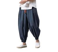 YOSUWOAI Pantalon sarouel baggy long pour homme - En coton et lin - Respirant - Coupe ample - Avec poches - Style médiéval, gothique, hip hop, O bleu marine, 5XL