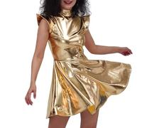 YOSUWOAI Robe à paillettes métallisées sans manches aspect mouillé pour carnaval Argenté Space Alien Costume sexy Sparkle A-Line Mini robe Clubwear Disco Rave Robe à paillettes Clubwear, O Gold, L