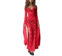 YOSUWOAI Robe longue transparente en dentelle pour femme - Robe de plage en maille transparente - Taille haute - Robe portefeuille à manches longues - Col en V - Robe tunique en dentelle - Robe