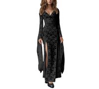 YOSUWOAI Robe longue transparente en dentelle pour femme - Robe de plage en maille transparente - Taille haute - Robe portefeuille à manches longues - Col en V - Robe tunique en dentelle - Robe