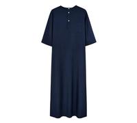 YOSUWOAI Robe musulmane pour homme - Coton et lin - Manches courtes - Style ethnique - Robe de chambre Qami - Vêtements arabes - Robe khimar - Robe musulmane Dubaï longue, O bleu marine, XL