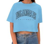 YOSUWOAI T-shirt court à manches courtes pour femme - Haut sexy - Ventre nu - Été - Vintage - Avec lettre Los Angeles - Col rond - Pour adolescentes et filles - Style gothique, O bleu clair, XL