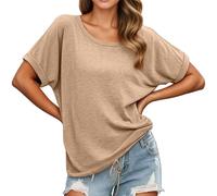 YOSUWOAI T-shirt pour femme avec col rond et cordon de serrage - Haut d'été surdimensionné - Coton - T-shirt confortable - Élégant - Manches courtes - Coupe ample - Respirant, O Kaki, S