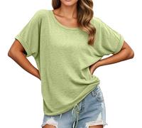 YOSUWOAI T-shirt pour femme avec col rond et cordon de serrage - Haut d'été surdimensionné - Coton - T-shirt confortable - Élégant - Manches courtes - Coupe ample - Respirant, O Vert., S