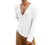 YOSUWOAI T-shirts à manches longues pour homme - Col en V profond - Sexy - Hauts fins et transparents - Manches longues - Léger et respirant - Pour l'été et l'automne - Couleur unie, O blanc., L