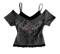 YOSUWOAI Tee Y2k T-shirt grunge pour femme Emo Vintage à manches courtes Crop Tops épaules dénudées T-shirt avec imprimé papillon Sexy Punk Gothique Asymétrique Tshirts Y2K Clubwear, Z06 gris., L