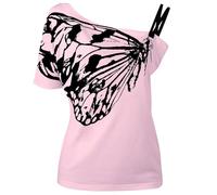 YOSUWOAI Tee Y2k T-shirt grunge pour femme Emo Vintage à manches courtes Crop Tops épaules dénudées T-shirt avec imprimé papillon Sexy Punk Gothique Asymétrique Tshirts Y2K Clubwear, O rose., L