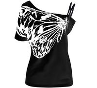 YOSUWOAI Tee Y2k T-shirt grunge pour femme Emo Vintage à manches courtes Crop Tops épaules dénudées T-shirt avec imprimé papillon Sexy Punk Gothique Asymétrique Tshirts Y2K Clubwear, O Noir., S