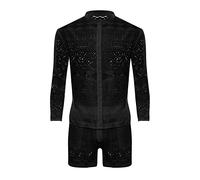 YOSUWOAI Tenue en dentelle pour homme - 2 pièces - Transparent - Érotique - Chemises et shorts décontractés - Combinaison d'été sexy en dentelle - Haut à manches longues et short en maille - Ensemble