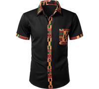 YOSUWOAI Vêtements africains pour hommes Dashiki Chemise africaine Patchwork Poche Imprimé africain Graphisme tribal africain Robe Chemises Vêtements de loisirs traditionnels pour Club Party, O Noir