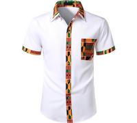 YOSUWOAI Vêtements africains pour hommes Dashiki Chemise africaine Patchwork Sac Imprimé Afrique Chemise Africaine Tribal Robe Chemises Traditionnelles pour Club Party, O blanc., XXL