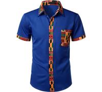 YOSUWOAI Vêtements africains pour hommes Dashiki Chemise africaine Patchwork Sac Imprimé Afrique Chemise Africaine Tribal Robe Chemises Traditionnelles pour Club Party, O bleu., 3XL