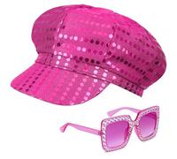 Yotako 2Pcs 70s Disco Hat Abba Hat Sequin Hat Abba Accessories Women with Sequined Square Bling Sunglasses, Glitter Abba Costume Accessories Kit for Adult Women Girls Retro 70 Theme Dance Party