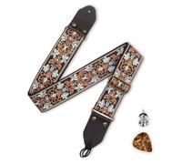 yotutun Sangle de guitare brodée - Ends entièrement grain - Avec housse pour médiator - Sangle réglable - Vintage - En cuir nylon - Pour guitare basse, électrique et acoustique, Fleurs dorées rétro,