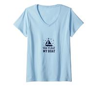 You Float My Boat - Nautical Love Sailing T-Shirt avec Col en V, Femme, Bleu Céleste, XXL