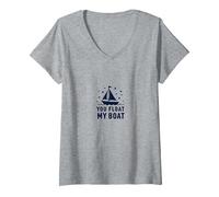 You Float My Boat - Nautical Love Sailing T-Shirt avec Col en V, Femme, Gris Chiné, L