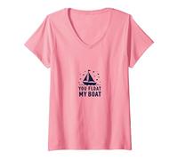 You Float My Boat - Nautical Love Sailing T-Shirt avec Col en V, Femme, Rose, XXL
