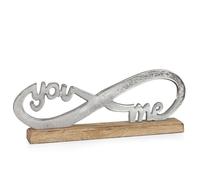 You & ME Figurine Infinity en aluminium sur socle en bois ? Figurine décorative argentée romantique moderne - Sculpture d'amour de partenariat pour salon, étagère, table, cadeau