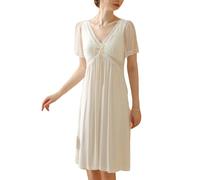 YOUCAI Femme Chemise de Nuit Victorienne Style rétro Transparente à Manches Courtes et col Printemps été Pyjama Princesse Doux Vêtements de Nuit avec Coussinets de poitrin Blanc