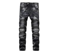 YOUCAI Homme Jeans Décontractés Tout Minces Plissé Droit Jeans Pantalon déchirés Regular Fit Pantalon en Denim Trousers Moulant Effet(sans Ceinture) Noir 30W