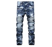 YOUCAI Homme Jeans Décontractés Tout Minces Plissé Droit Jeans Pantalon déchirés Regular Fit Pantalon en Denim Trousers Moulant Effet(sans Ceinture) Bleu 30W