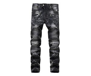 YOUCAI Homme Jeans Décontractés Tout Minces Plissé Droit Jeans Pantalon déchirés Regular Fit Pantalon en Denim Trousers Moulant Effet(sans Ceinture) Noir 30W