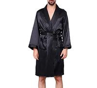YOUCAI Hommes Peignoir Une pièce Chemise de Nuit col V avec Poches et Ceinture Robe Satin Soie Peignoir pour Doux Confortable Kimono,Noir,7XL