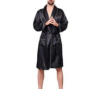 YOUCAI Hommes Peignoir Une pièce Chemise de Nuit col V avec Poches et Ceinture Robe Satin Soie Peignoir pour Doux Confortable Kimono,Noir1,7XL