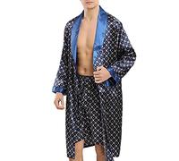 YOUCAI Robe de Chambre Kimono Japonais Homme Peignoir Satin Manche Longue Shorts de Pyjama Deux pièces col V Convient pour Le Printemps, l'été et l'automne,Bleu,L
