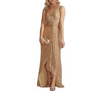 YOUCAI Robe De Mariée Longue pour Mère sans Manches à Paillettes Col V Robe de fête étincelante Brillante Élégante Robes Longue de Soiree,Champagne,5XL