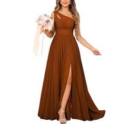 YOUCAI Robe Longue de Soiree Plissé Femme A Line Taille Empire Brillante Élégante Robe pour Mariage Invité Cérémonie Bal de Promo Anniversaire,Marron Orange,3XL