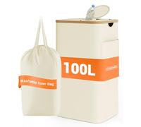 YOUDENOVA 100L Collecteur de bouteilles consignées avec couvercle & étanche aux odeurs, poubelle de cuisine, stockage des bouteilles vides & verre, support de sac poubelle pour débarras, beige
