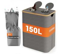 YOUDENOVA Bambou Poubelle de 150 l, avec couvercle et anti-odeurs, 2 compartiments, collecteur de bouteilles, rangement de produits vides et verre usagé, support de sac poubelle, gris