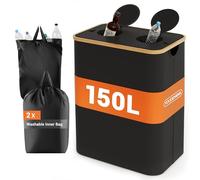 YOUDENOVA Bambou Poubelle de 150 l, avec couvercle et anti-odeurs, 2 compartiments, collecteur de bouteilles, rangement de produits vides et verre usagé, support de sac poubelle, noir
