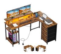 YOUDENOVA Bureau avec 4 Tiroirs, 142 × 107 cm, Bureau d'Angle Réversible avec LED et Prise, Bureau Gaming en L avec Support pour Moniteur, Bureau avec Rangement pour Home Office et Gamer, Brun Vintage