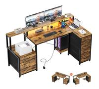 YOUDENOVA Bureau d'angle en forme de L avec tiroirs, 150 x 80 cm, avec LED, prise et USB, table de jeu réversible avec support pour moniteur, espace de rangement, bureau d'ordinateur pour bureau à