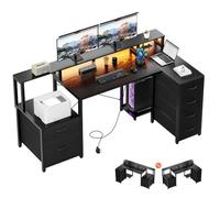 YOUDENOVA Bureau d'angle en forme de L avec tiroirs, 150 x 80 cm, avec LED, prise et USB, table de jeu réversible avec support pour moniteur, espace de rangement, bureau d'ordinateur pour le bureau à