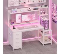 YOUDENOVA Bureau de jeu avec tiroirs et étagère, 130 x 48 cm, table de jeu avec LED, prise et USB, bureau d'ordinateur avec support pour moniteur, étagères et support pour casque, fibre de carbone