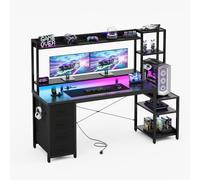 YOUDENOVA Bureau de jeu avec tiroirs et étagère, 150 x 48 cm, table de jeu avec LED, prise et USB, bureau d'ordinateur avec support pour moniteur, étagères et support pour casque, fibre de carbone