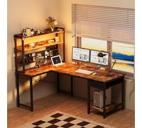 YOUDENOVA Bureau Gaming d'angle avec Panneau Perforé, 135 x 90 cm Table de Rangement avec LED et Prises, Bureau Ordinateur avec Étagère Réversible en Forme de L Marron