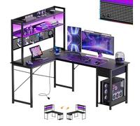 YOUDENOVA Bureau Gaming d'angle avec Panneau Perforé, Table de Rangement avec LED et Prises, Bureaux Ordinateur avec étagère Réversible en Forme de L, 155 x 100 x 152 cm, Noir