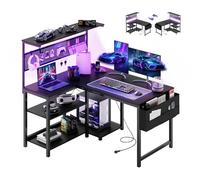 YOUDENOVA Bureau Gaming en L 120x80cm avec LED et Prise, Bureau d'angle Réversible avec Étagère et Panneau Perforé, Table d'Ordinateur avec Rangement pour Home Office et Gamer, Noir Fibre de Carbone