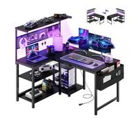 YOUDENOVA Bureau Gaming en L 120x80cm avec LED et Prise, Bureau d'angle Réversible avec Étagère et Panneau Perforé, Table d'Ordinateur avec Rangement pour Home Office et Gamer, Noir