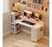 YOUDENOVA Bureau Gaming LED,130×50 Bureau Gaming avec Rangement,Bureau Gamer avec Éclairage LED & Prise Intégrée,Bureau avec Rangement,Blanc Fibre de Carbone