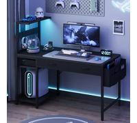 YOUDENOVA Bureau Gaming Réversible avec LED et Prises, 100 cm Petit Table de Jeu avec 2 Tiroirs, Poche Latérale et Étagère de Rangement, Table d'ordinateur pour Chambre à Coucher Noir